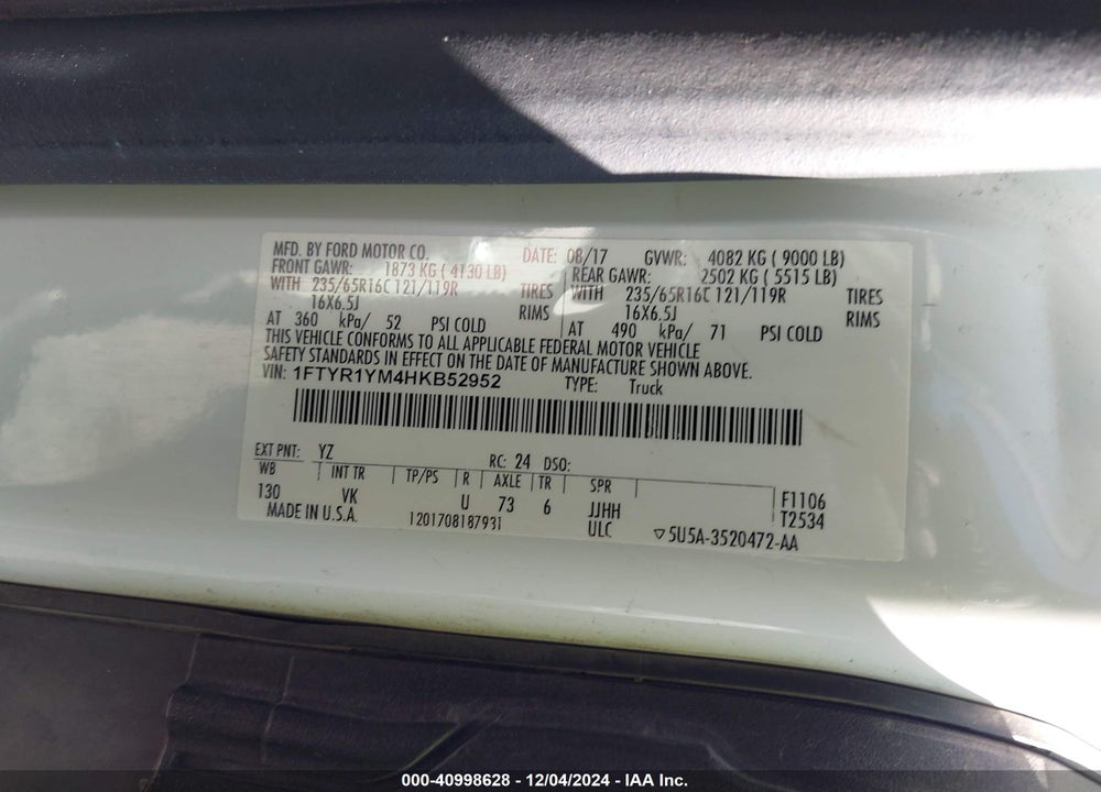 2017 FORD TRANSIT-250 VIN: 1FTYR1YM4HKB52952