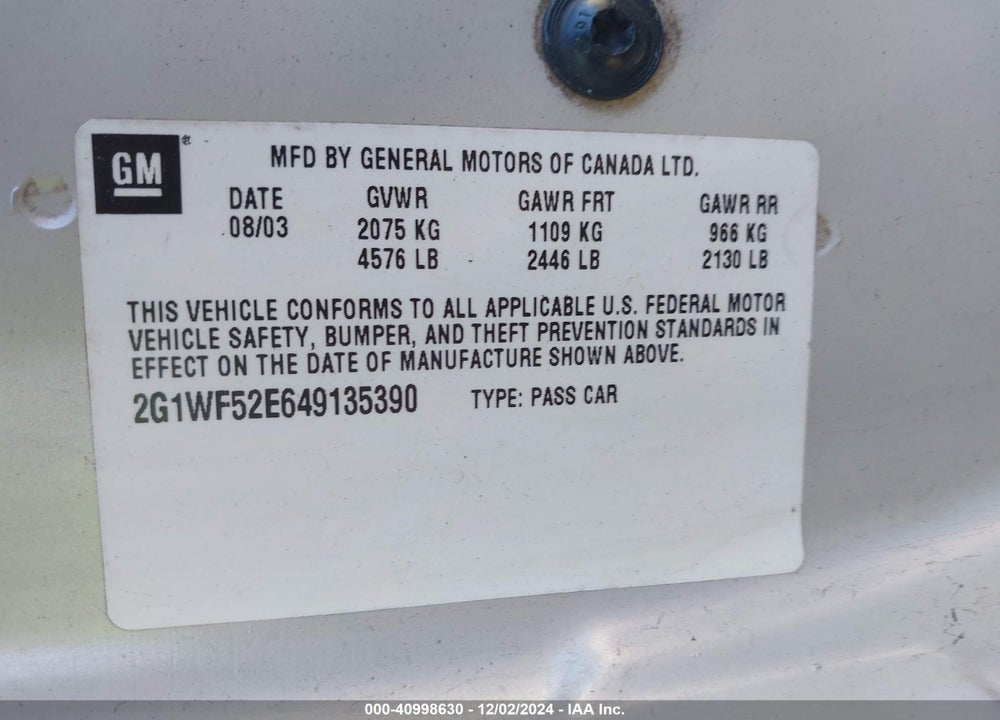 2004 CHEVROLET IMPALA VIN: 2G1WF52E649135390