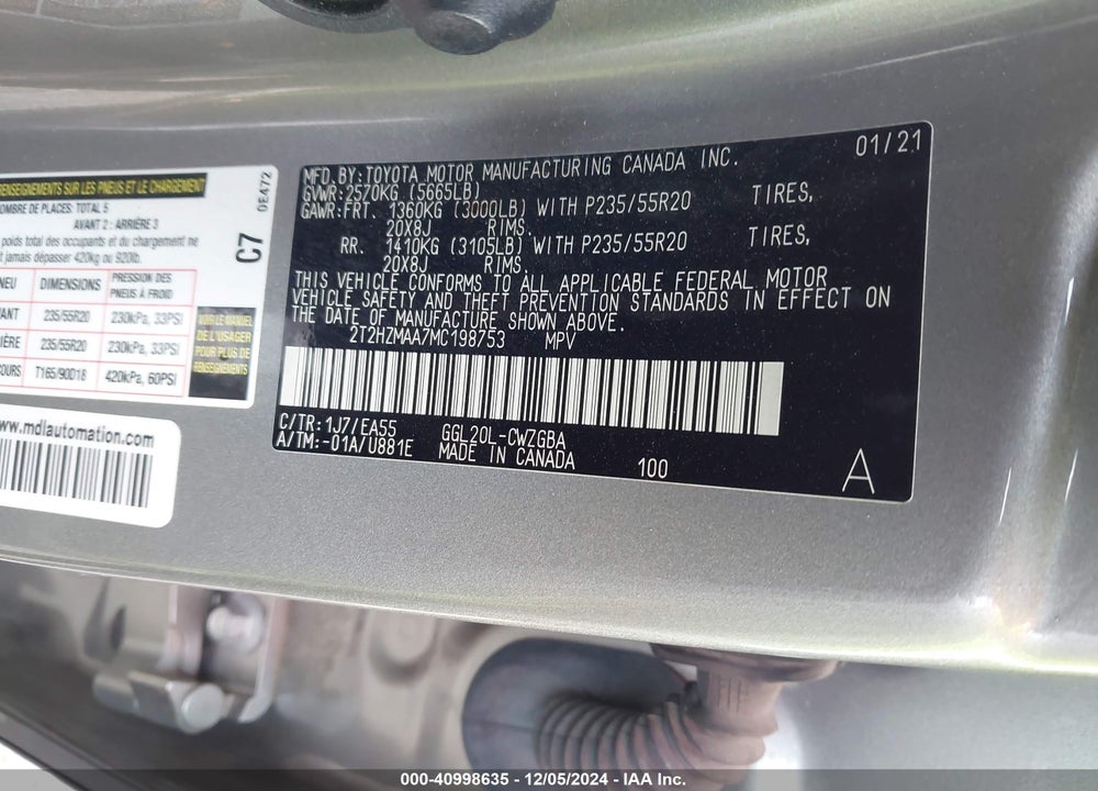 2021 LEXUS RX 350 VIN: 2T2HZMAA7MC198753
