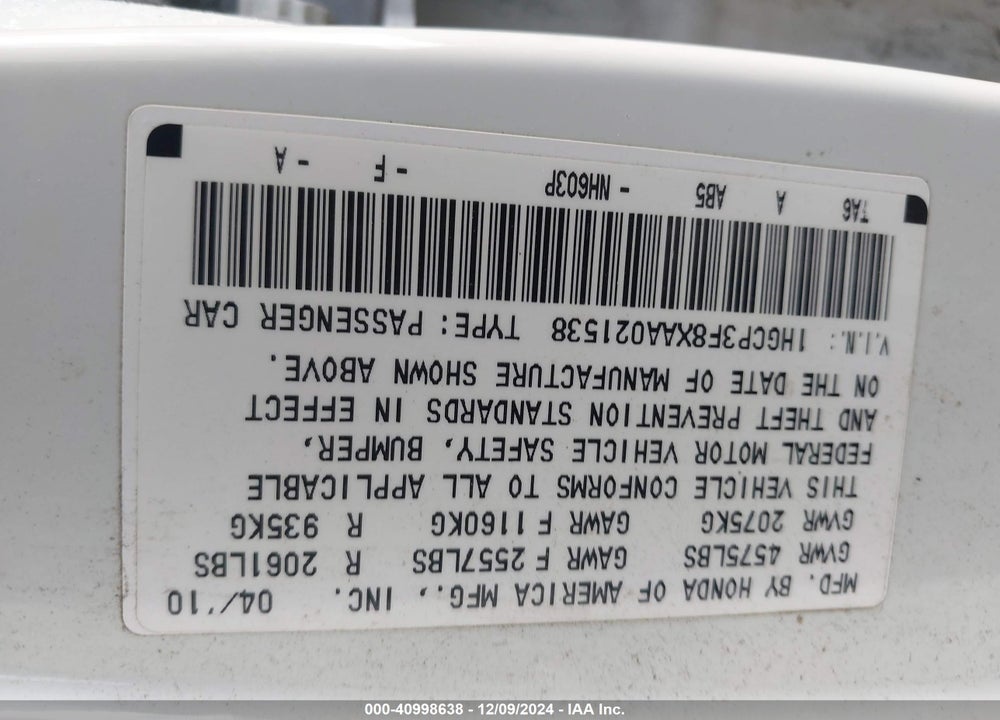 2010 HONDA ACCORD 3.5 EX-L VIN: 1HGCP3F8XAA021538
