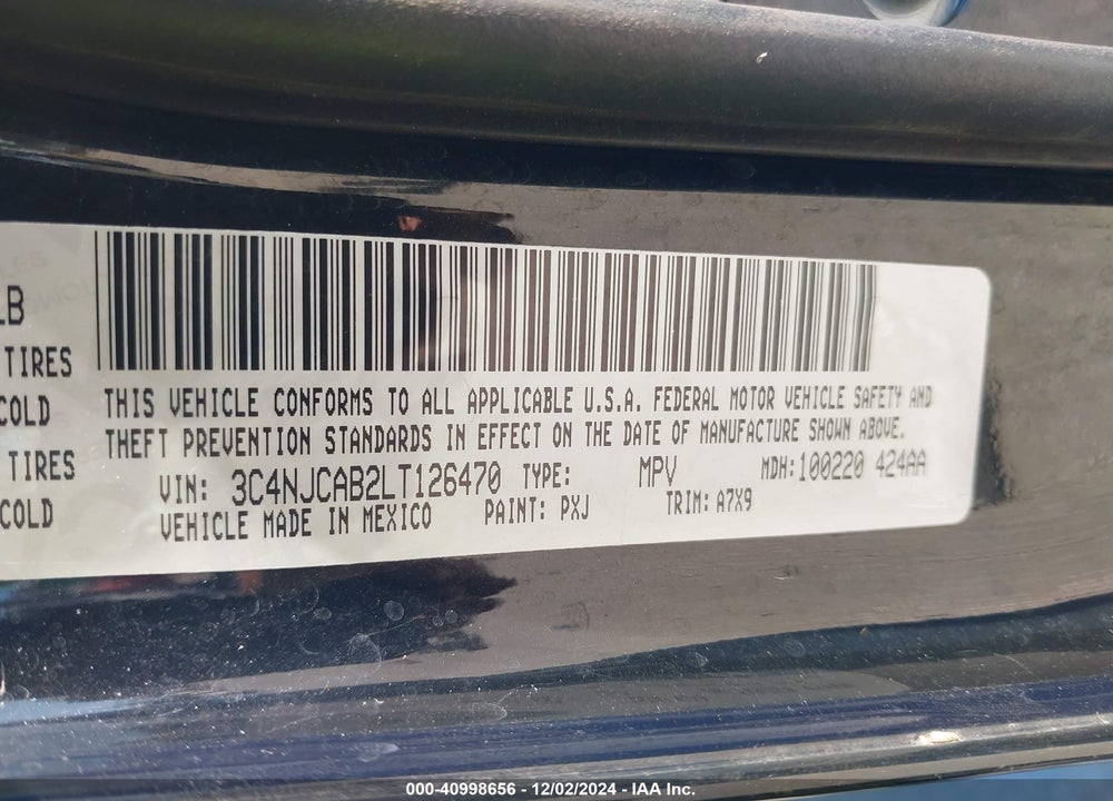2020 JEEP COMPASS SPORT FWD VIN: 3C4NJCAB2LT126470