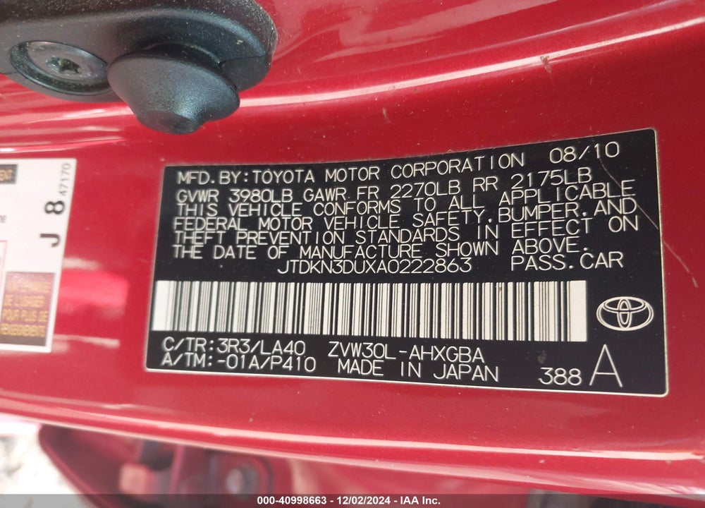 2010 TOYOTA PRIUS VIN: JTDKN3DUXA0222863