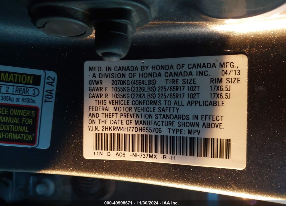 2013 HONDA CR-V EX-L VIN: 2HKRM4H77DH655706