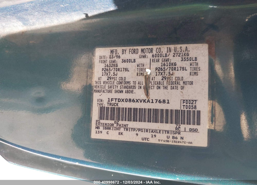 1997 FORD F-150 LARIAT/XL/XLT VIN: 1FTDX086XVKA17681