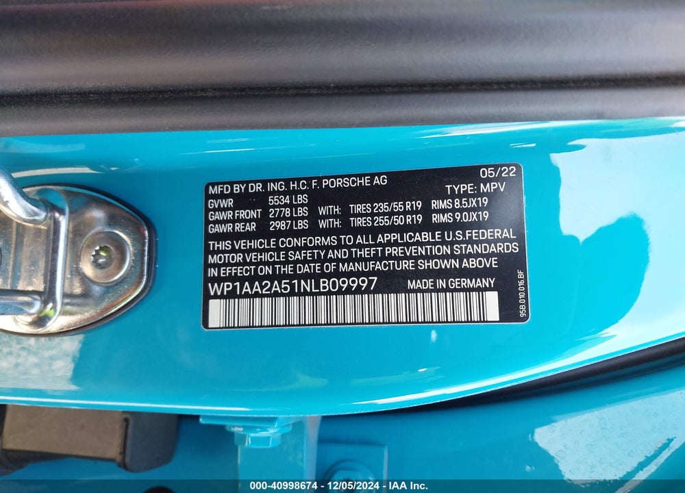 2022 PORSCHE MACAN VIN: WP1AA2A51NLB09997