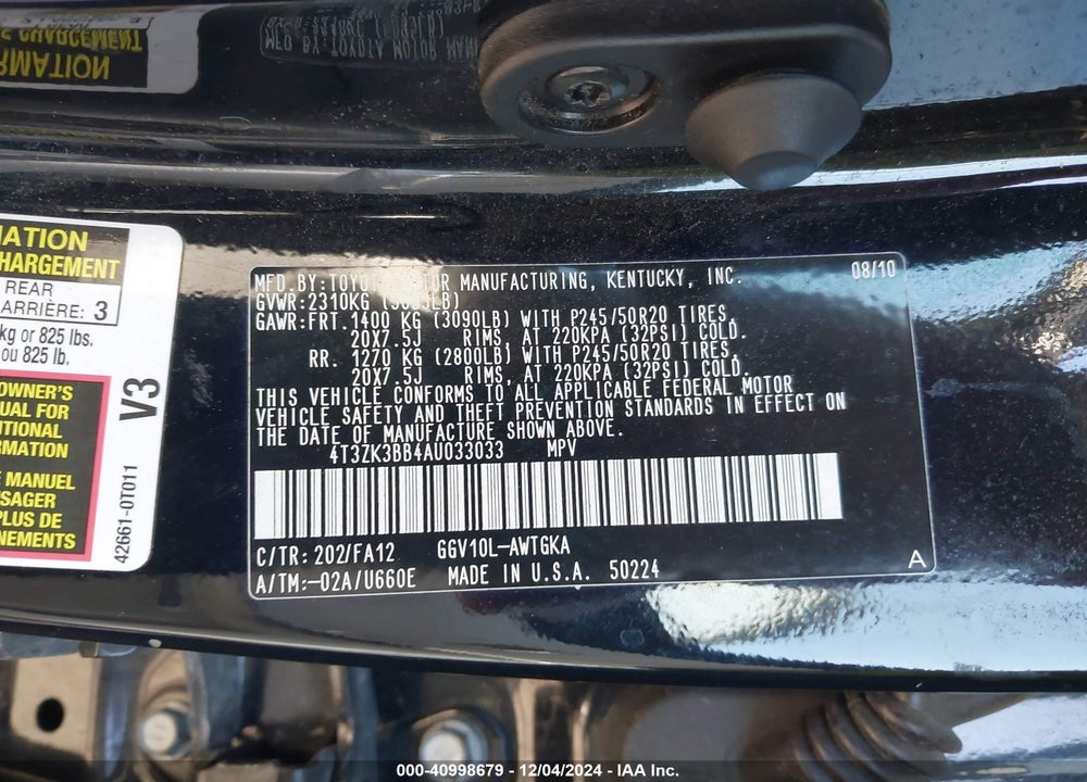 2010 TOYOTA VENZA BASE V6 VIN: 4T3ZK3BB4AU033033