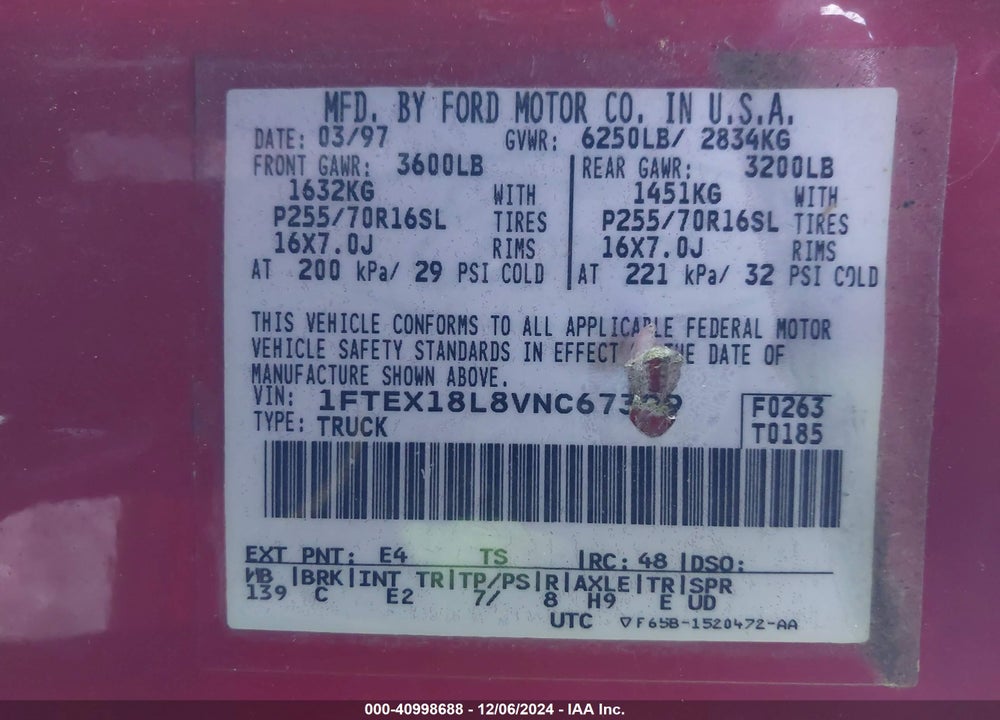 1997 FORD F-150 LARIAT/XL/XLT VIN: 1FTEX18L8VNC67399