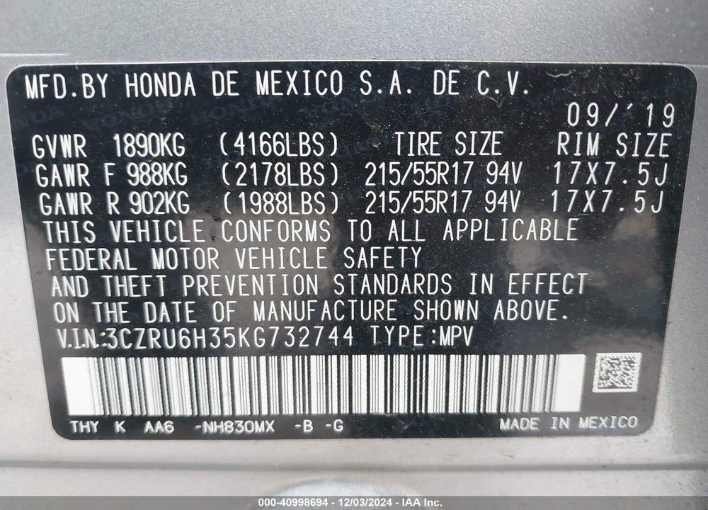 2019 HONDA HR-V VIN: 3CZRU6H35KG732744