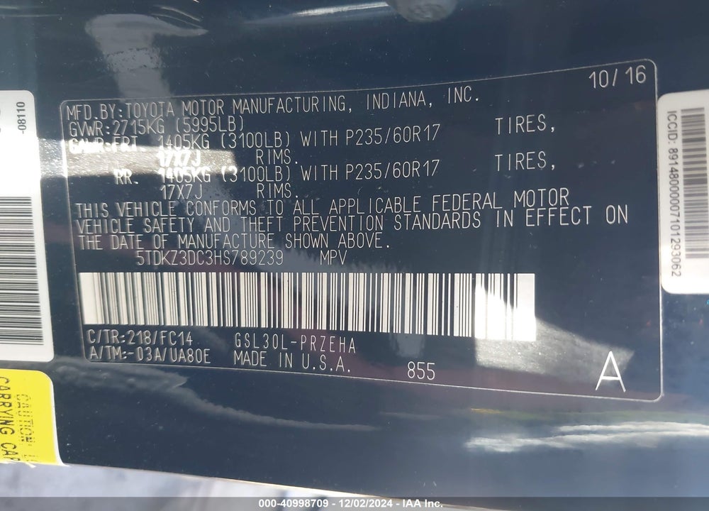 2017 TOYOTA SIENNA LE 8 PASSENGER VIN: 5TDKZ3DC3HS789239