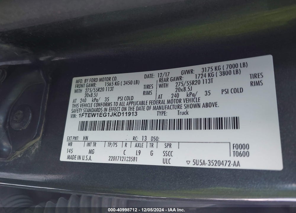 2018 FORD F-150 XLT VIN: 1FTEW1EG1JKD11913