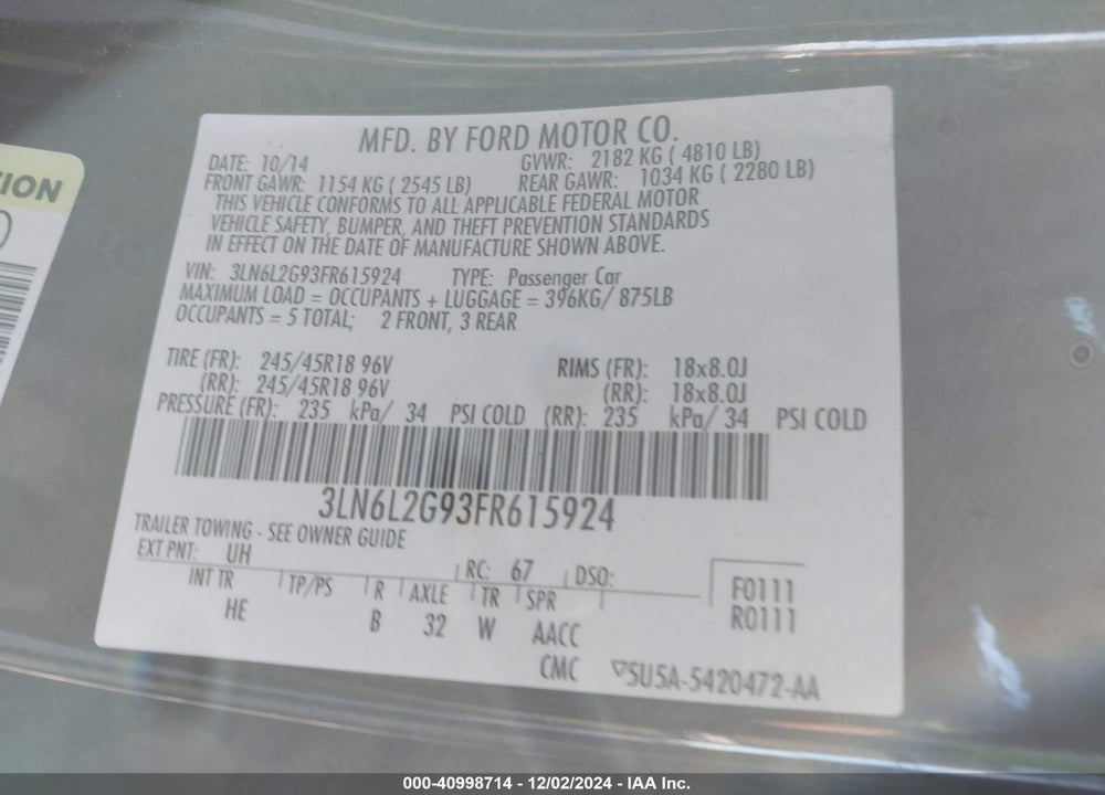 2015 LINCOLN MKZ VIN: 3LN6L2G93FR615924