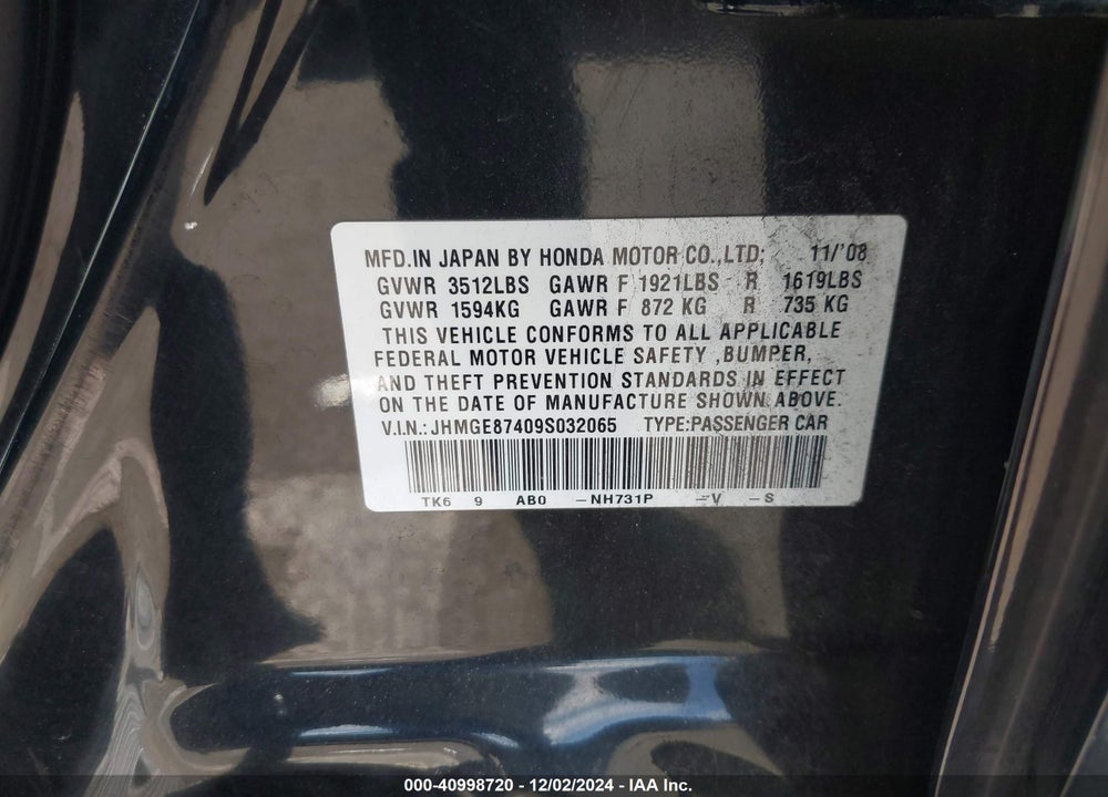 2009 HONDA FIT SPORT VIN: JHMGE87409S032065