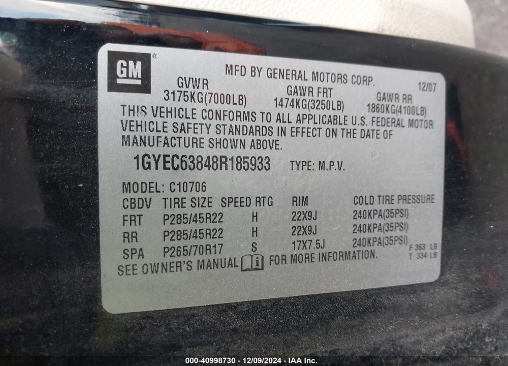 2008 CADILLAC ESCALADE STANDARD VIN: 1GYEC63848R185933