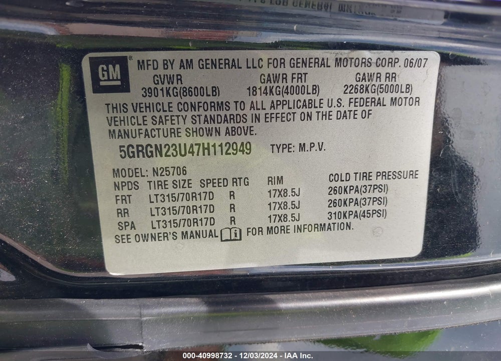 2007 HUMMER H2 SUV VIN: 5GRGN23U47H112949