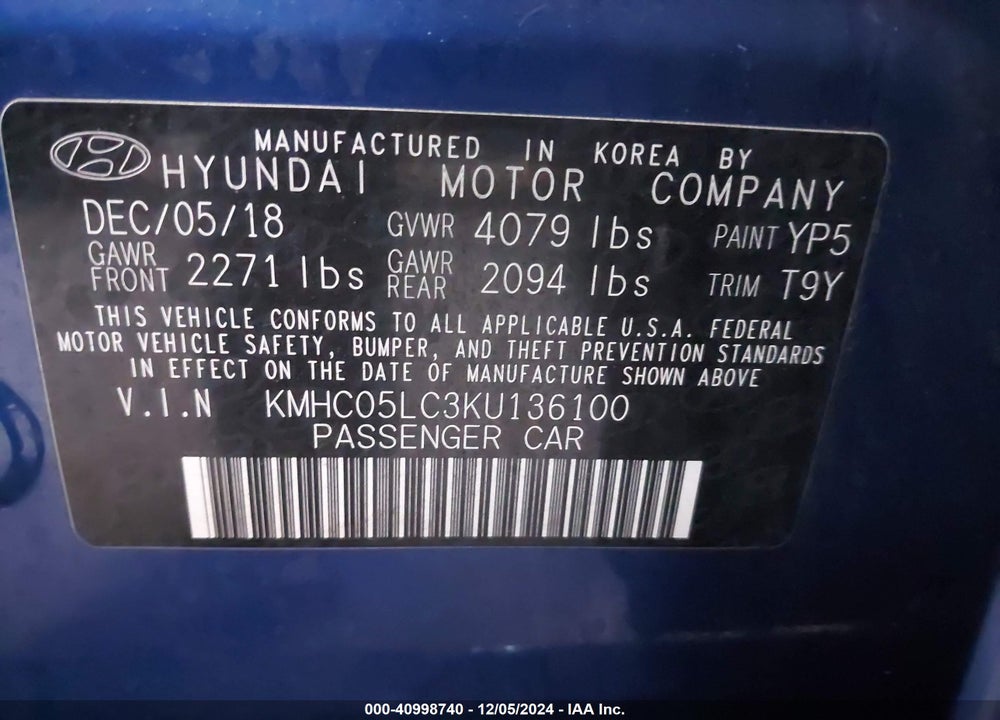 2019 HYUNDAI IONIQ HYBRID LIMITED VIN: KMHC05LC3KU136100