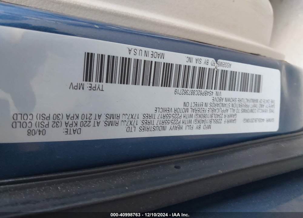 2008 SUBARU OUTBACK 2.5I LIMITED/2.5I LIMITED L.L. BEAN EDITION VIN: 4S4BP62C887362719
