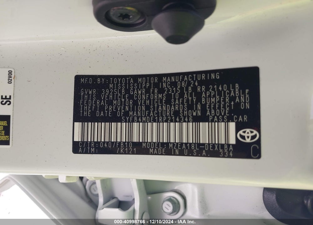 2024 TOYOTA COROLLA LE VIN: 5YFB4MDE1RP214346