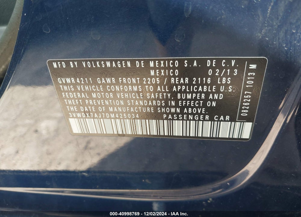 2013 VOLKSWAGEN JETTA 2.5L SE VIN: 3VWDX7AJ7DM425034