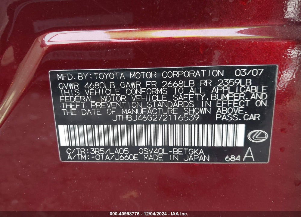 2007 LEXUS ES 350 VIN: JTHBJ46G272116539