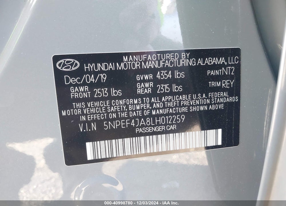 2020 HYUNDAI SONATA SEL VIN: 5NPEF4JA8LH012259