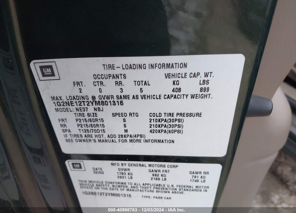 2000 PONTIAC GRAND AM SE VIN: 1G2NE12T2YM801316