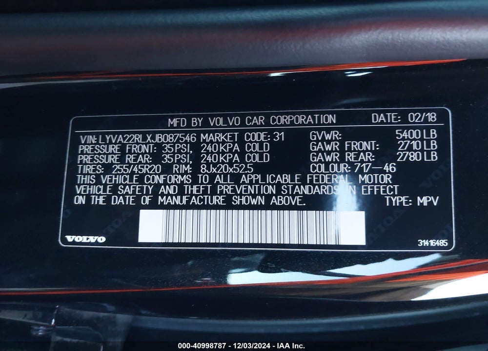 2018 VOLVO XC60 T6 INSCRIPTION VIN: LYVA22RLXJB087546