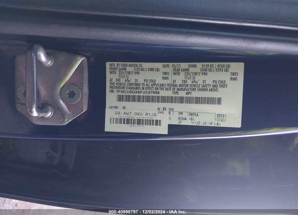 2015 FORD ESCAPE SE VIN: 1FMCU9GX6FUC67696