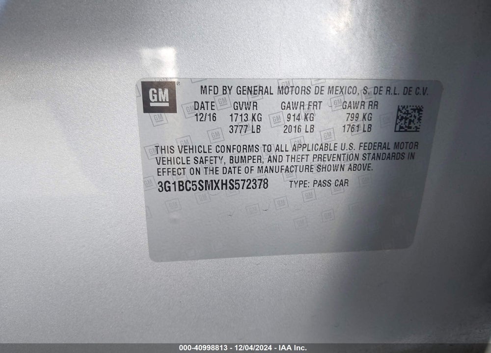 2017 CHEVROLET CRUZE LS AUTO VIN: 3G1BC5SMXHS572378