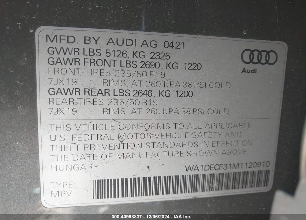 2021 AUDI Q3 PREMIUM 45 TFSI S LINE QUATTRO TIPTRONIC VIN: WA1DECF31M1120910