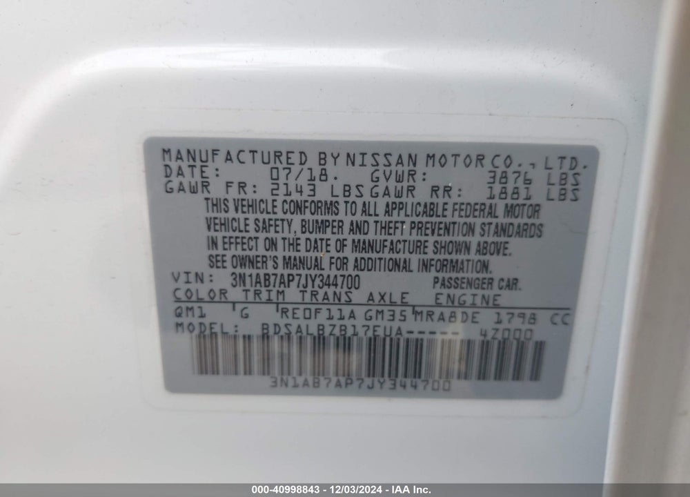 2018 NISSAN SENTRA VIN: 3N1AB7AP7JY344700