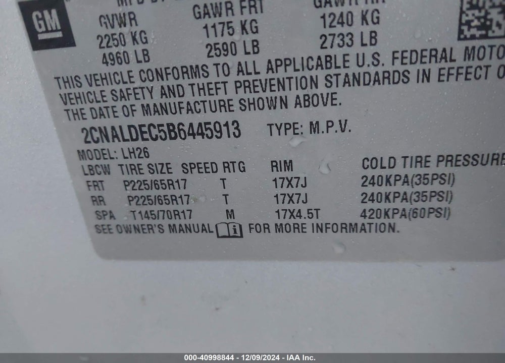 2011 CHEVROLET EQUINOX 1LT VIN: 2CNALDEC5B6445913