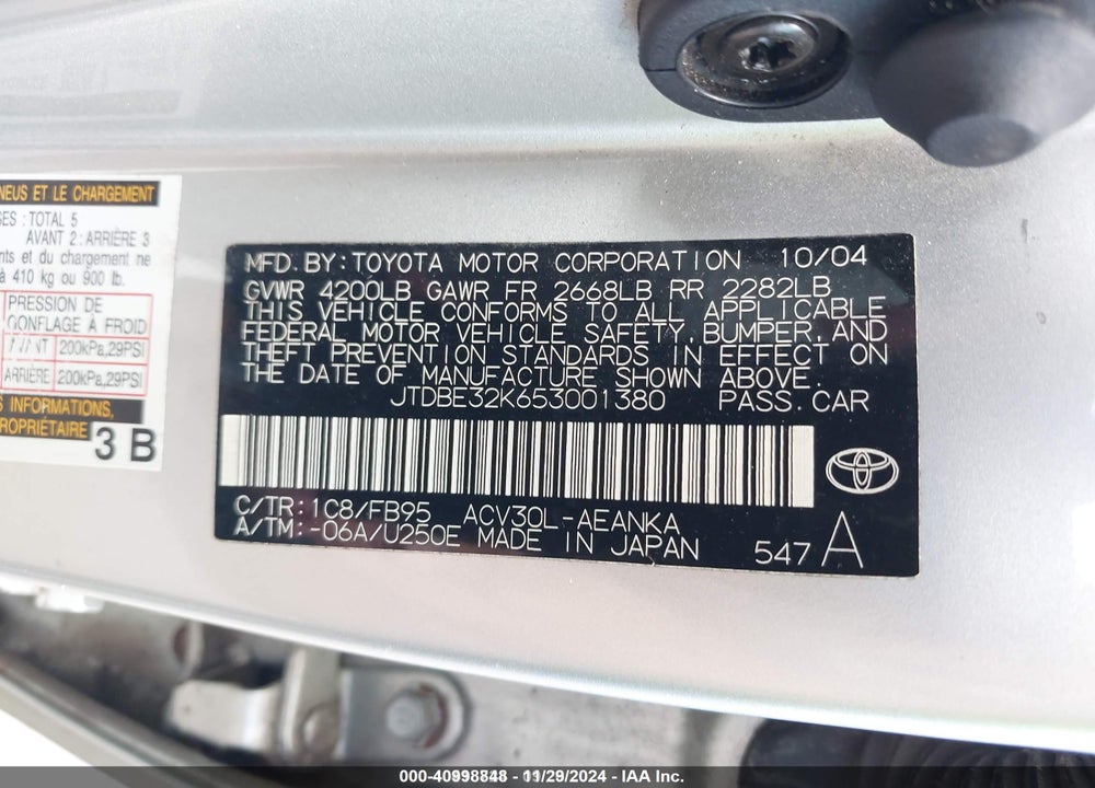 2005 TOYOTA CAMRY LE/SE/STD/XLE VIN: JTDBE32K653001380