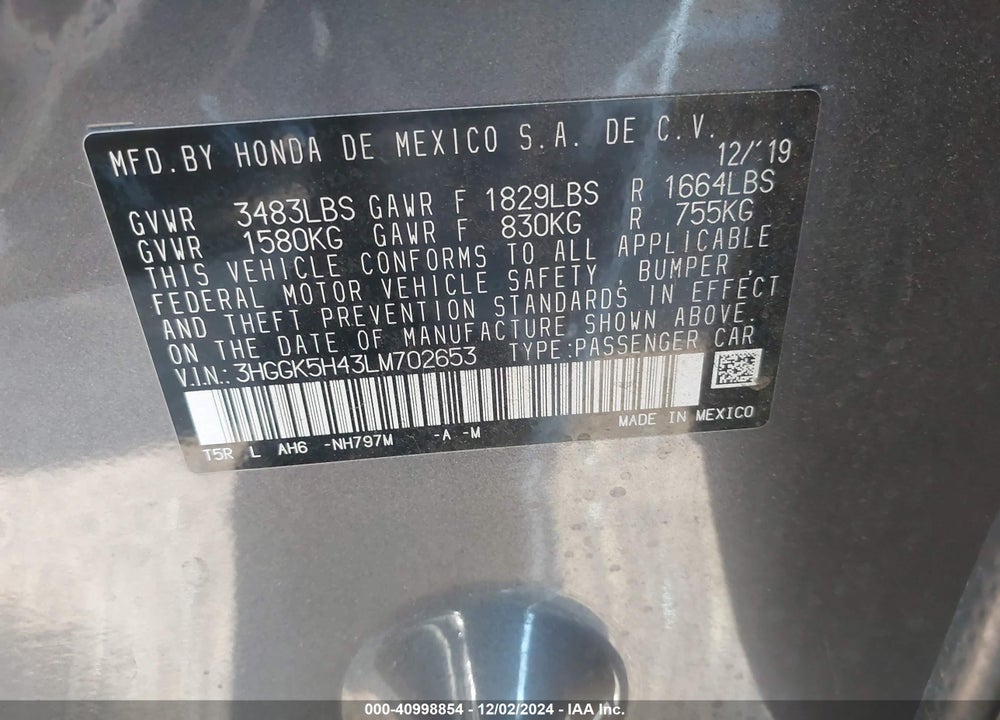 2020 HONDA FIT LX VIN: 3HGGK5H43LM702653