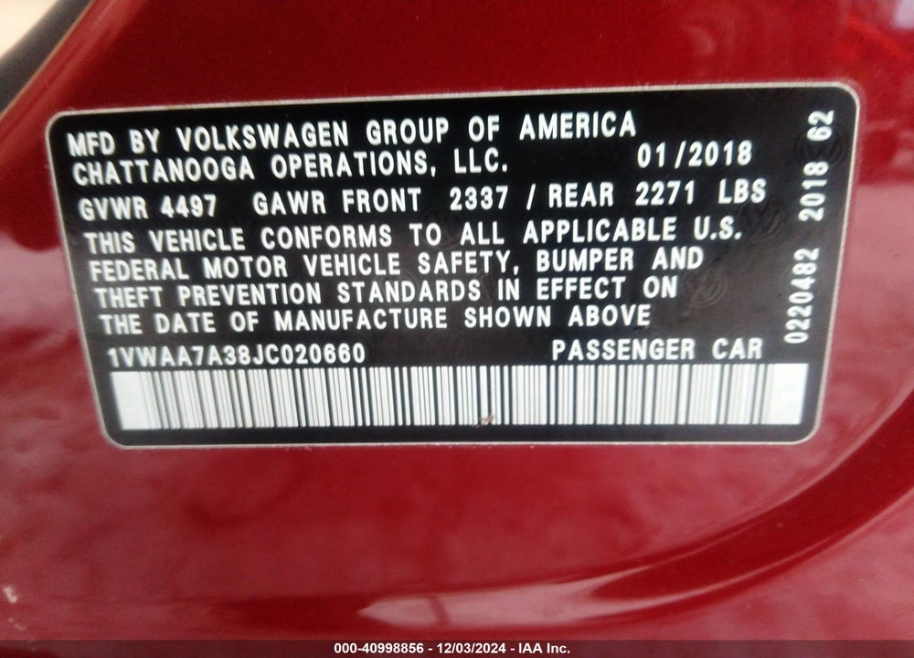 2018 VOLKSWAGEN PASSAT 2.0T R-LINE/2.0T S VIN: 1VWAA7A38JC020660