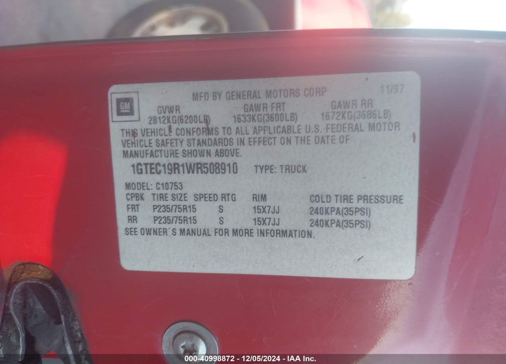 1998 GMC SIERRA 1500 SL WIDESIDE VIN: 1GTEC19R1WR508910