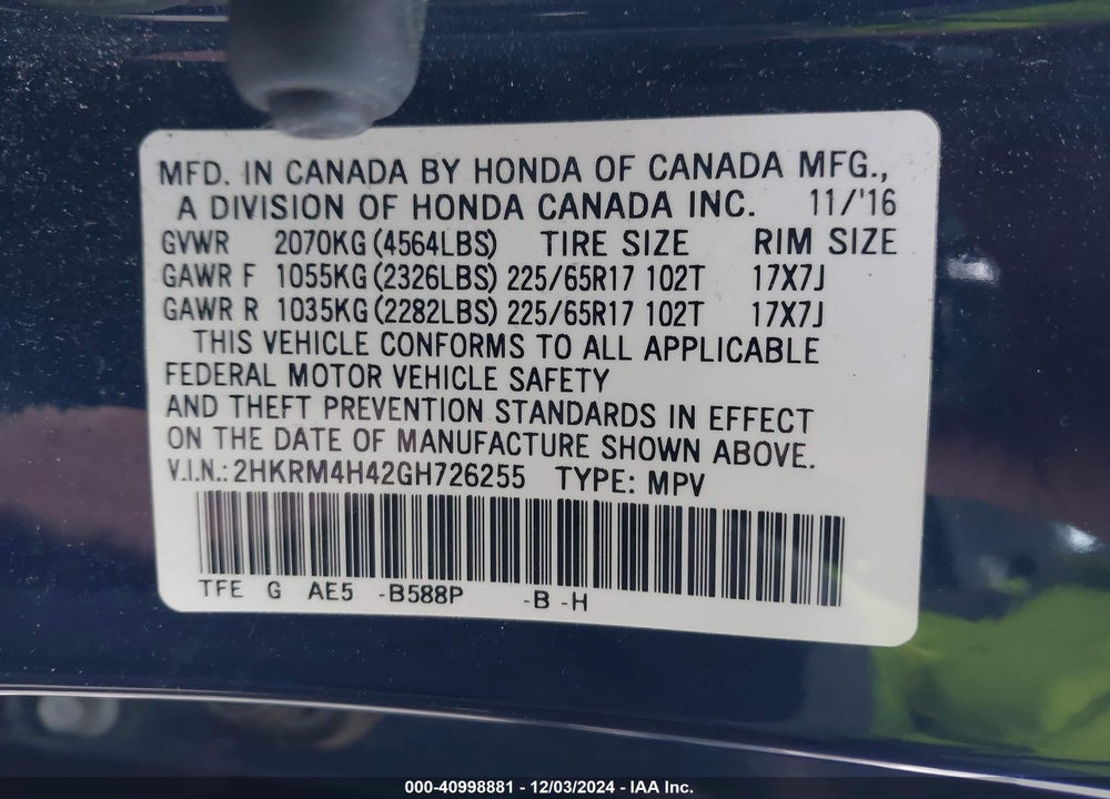 2016 HONDA CR-V SE VIN: 2HKRM4H42GH726255