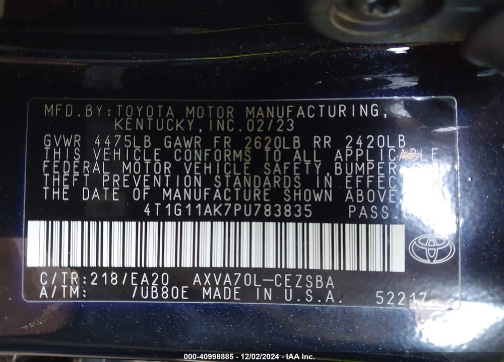 2023 TOYOTA CAMRY VIN: 4T1G11AK7PU783835