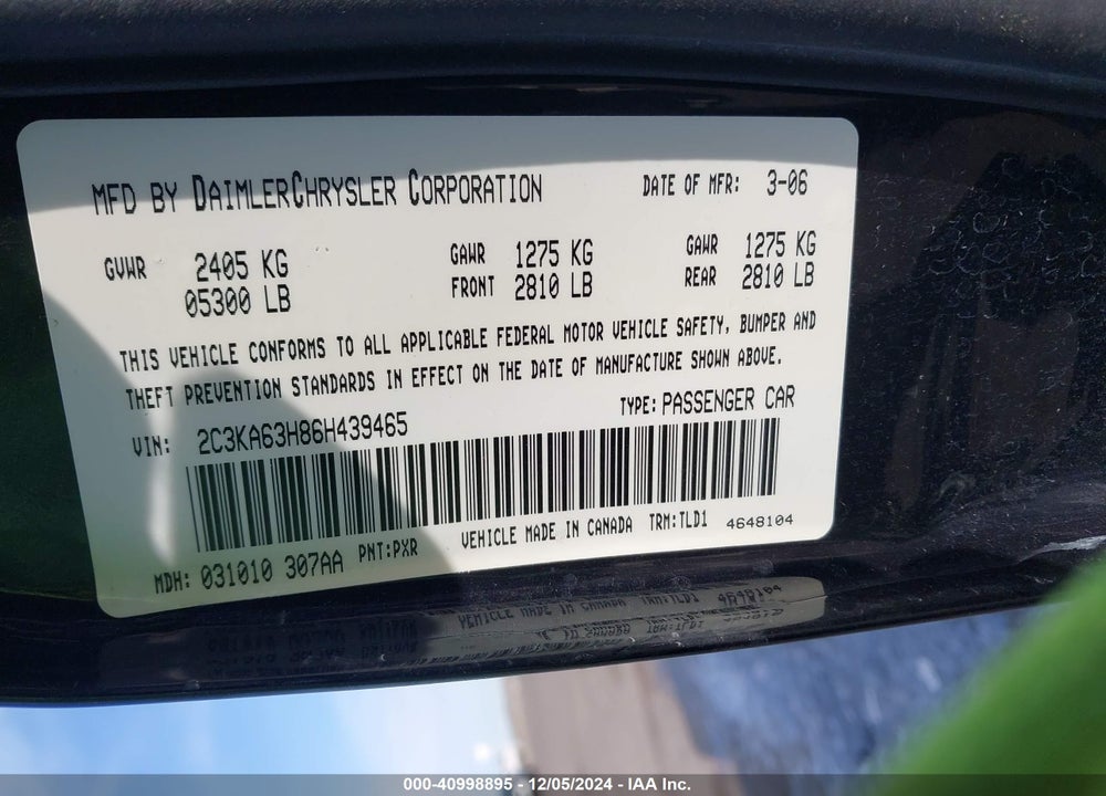 2006 CHRYSLER 300C VIN: 2C3KA63H86H439465