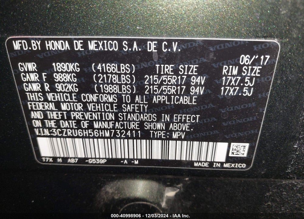 2017 HONDA HR-V EX VIN: 3CZRU6H56HM732411