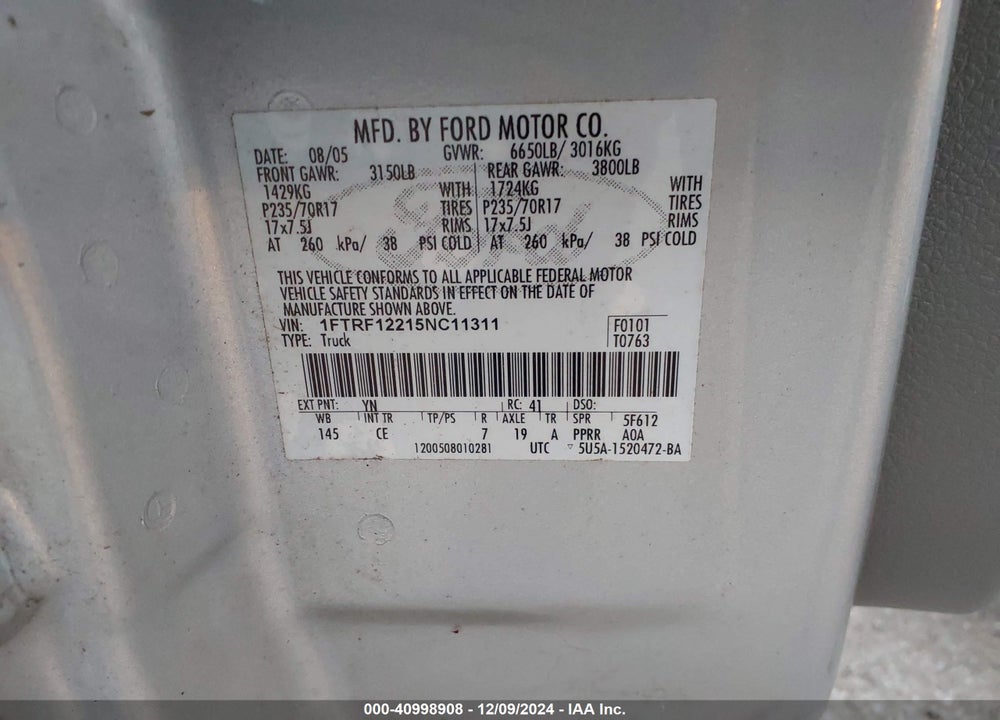 2005 FORD F-150 STX/XL/XLT VIN: 1FTRF12215NC11311