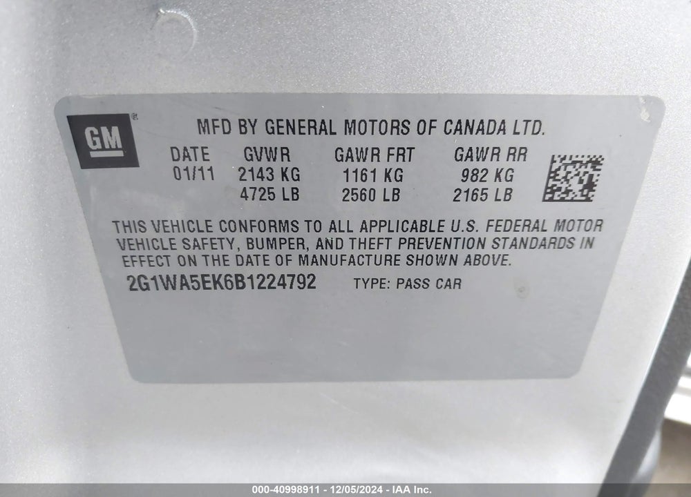 2011 CHEVROLET IMPALA LS VIN: 2G1WA5EK6B1224792