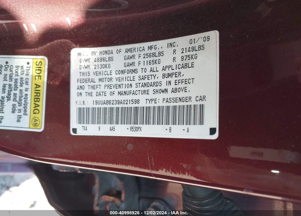 2009 ACURA TL 3.5 VIN: 19UUA86239A021598