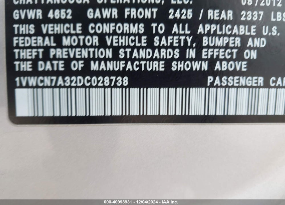 2013 VOLKSWAGEN PASSAT 2.0L TDI SEL PREMIUM VIN: 1VWCN7A32DC028738