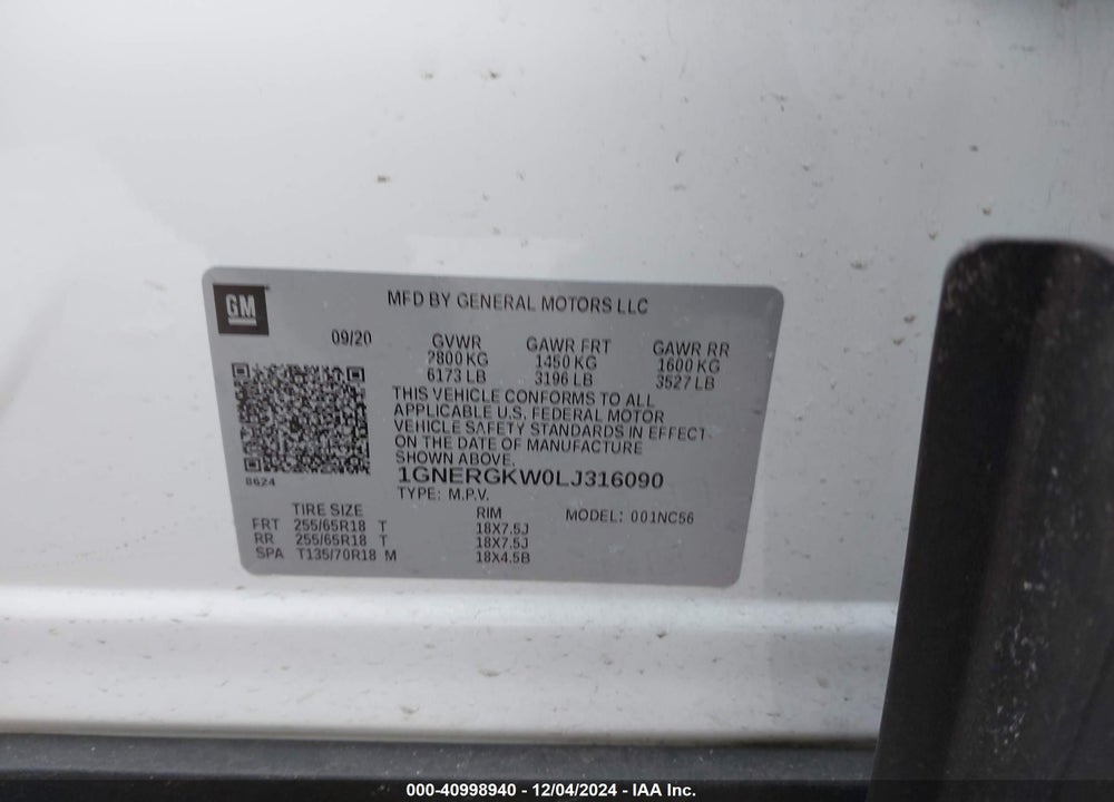 2020 CHEVROLET TRAVERSE FWD LT CLOTH VIN: 1GNERGKW0LJ316090