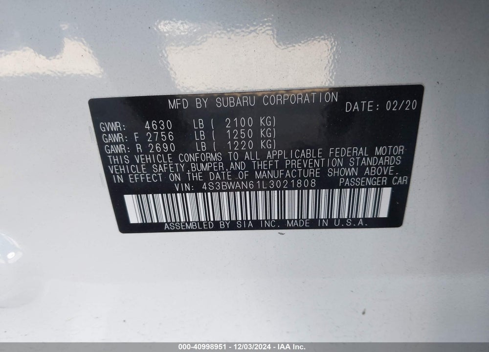 2020 SUBARU LEGACY LIMITED VIN: 4S3BWAN61L3021808