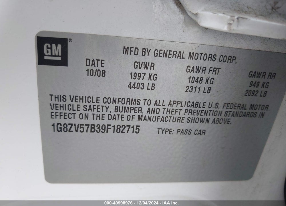 2009 SATURN AURA XR VIN: 1G8ZV57B39F182715