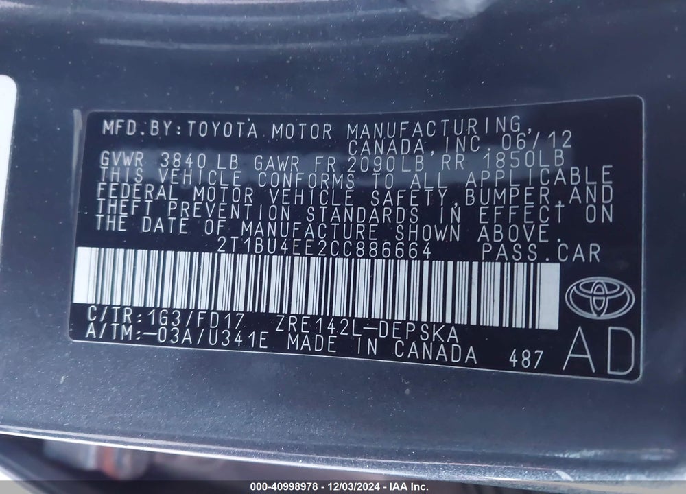 2012 TOYOTA COROLLA S VIN: 2T1BU4EE2CC886664