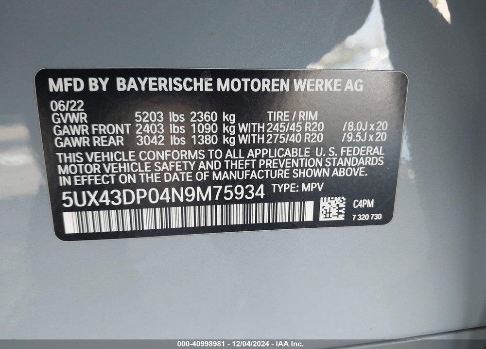 2022 BMW X3 SDRIVE30I VIN: 5UX43DP04N9M75934