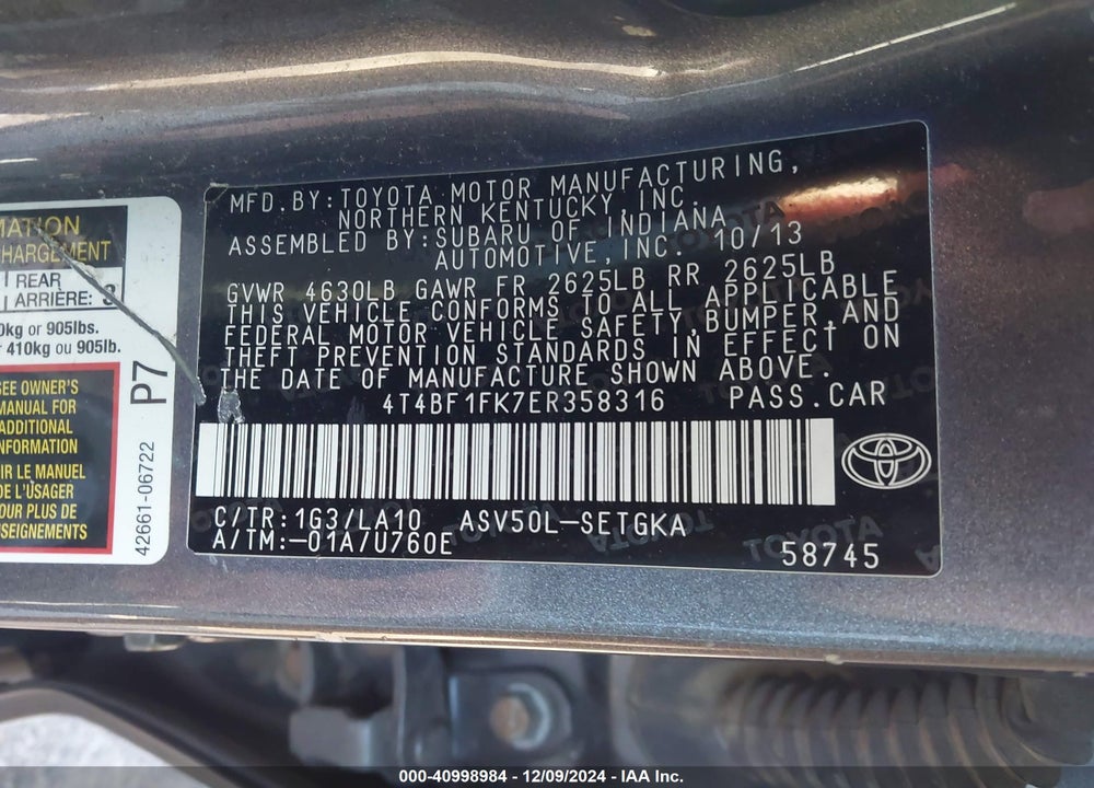 2014 TOYOTA CAMRY VIN: 4T4BF1FK7ER358316