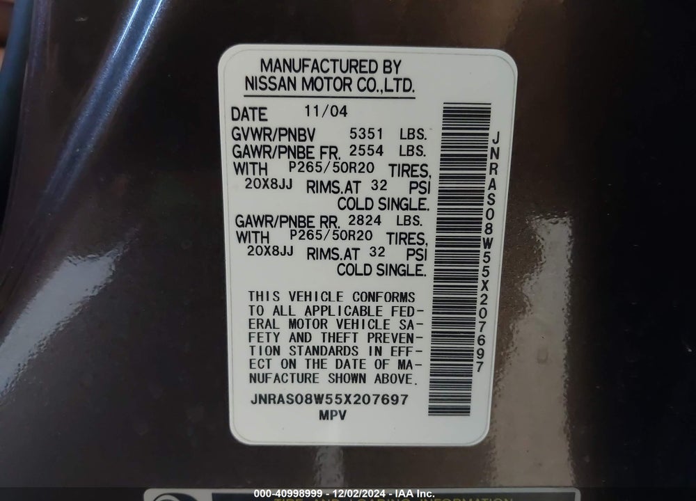2005 INFINITI FX35 VIN: JNRAS08W55X207697